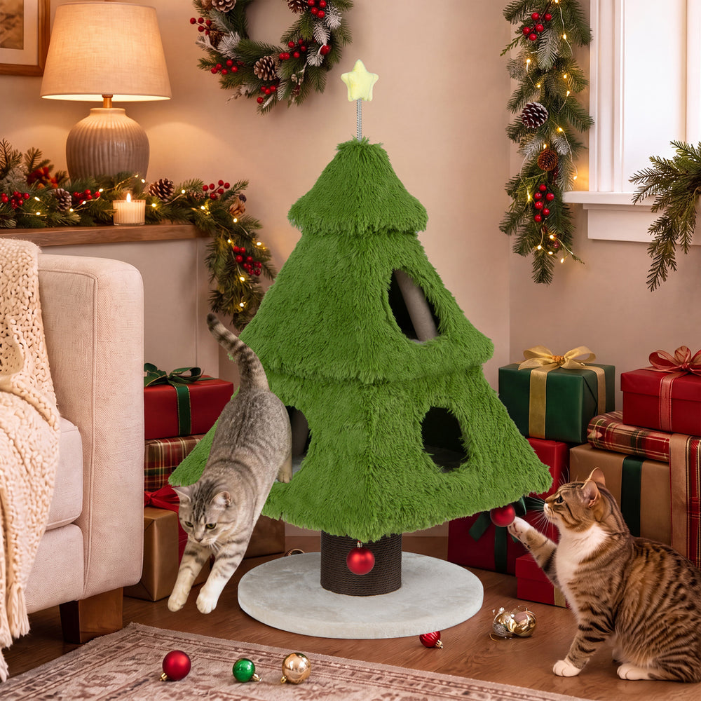Unique green Christmas cat tree with plush fabric, cozy hideouts, and dangling balls for festive feline fun.