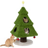 Christmas-themed cat tree in green with plush fabric, private hideouts, and dangling balls for playful exploration.
