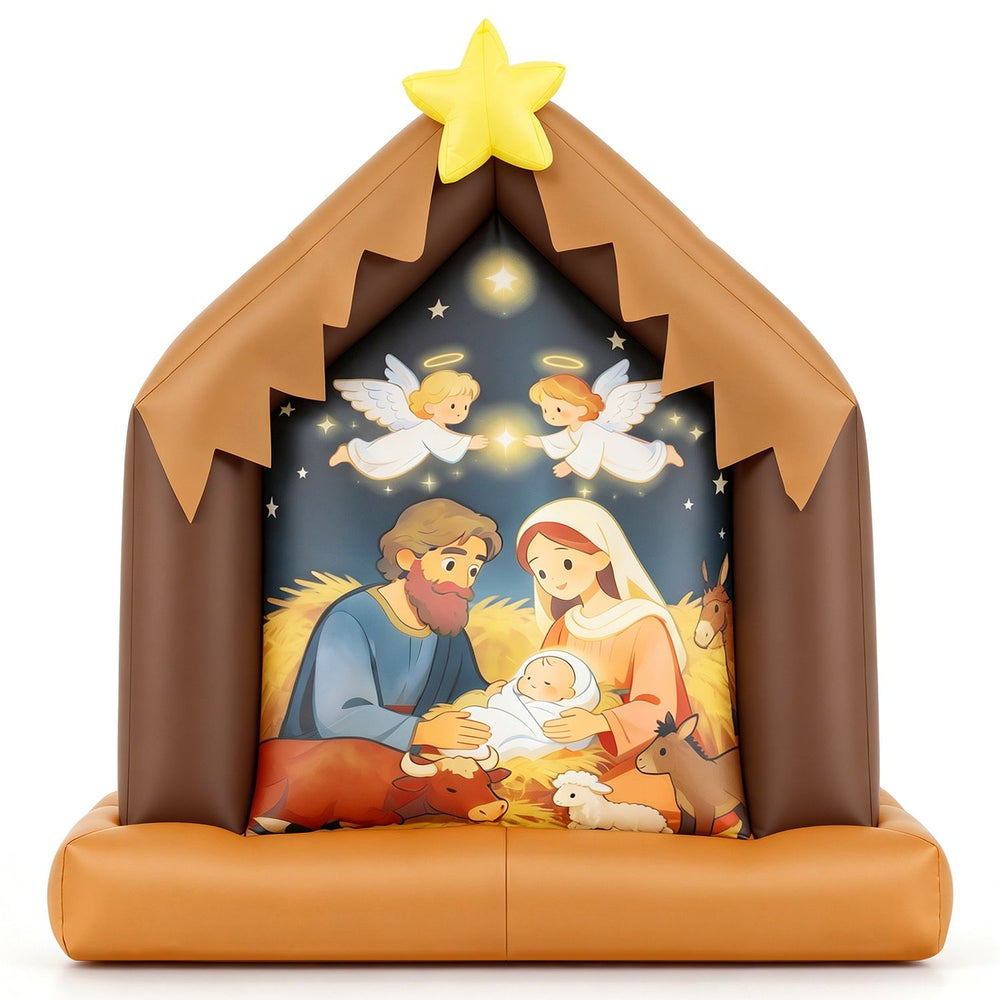 Christmas inflatable nativity scene with built-in lights, showcasing a star and animals for vibrant holiday decoration.