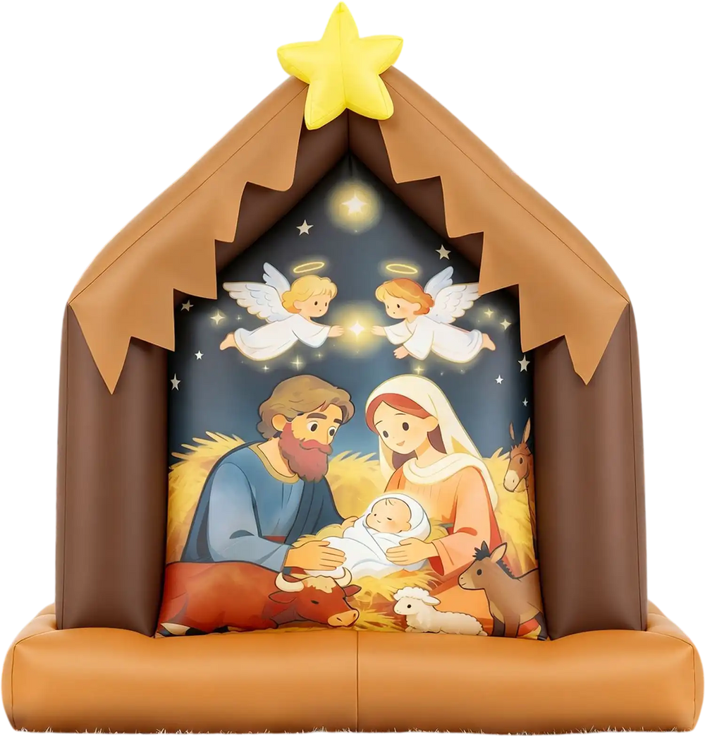 Christmas inflatable nativity scene featuring the Holy Family, angels, and LED lights for festive outdoor decor.