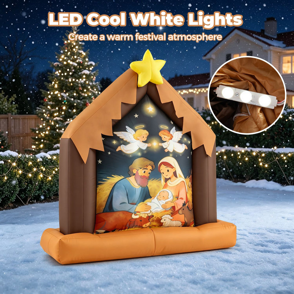 Christmas inflatable nativity scene featuring LED lights, polyester fabric, and secure positioning for festive outdoor decor.