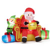 Inflatable Santa Claus on a sofa with an elf and gift boxes, featuring warm white LED lights for festive outdoor displays.