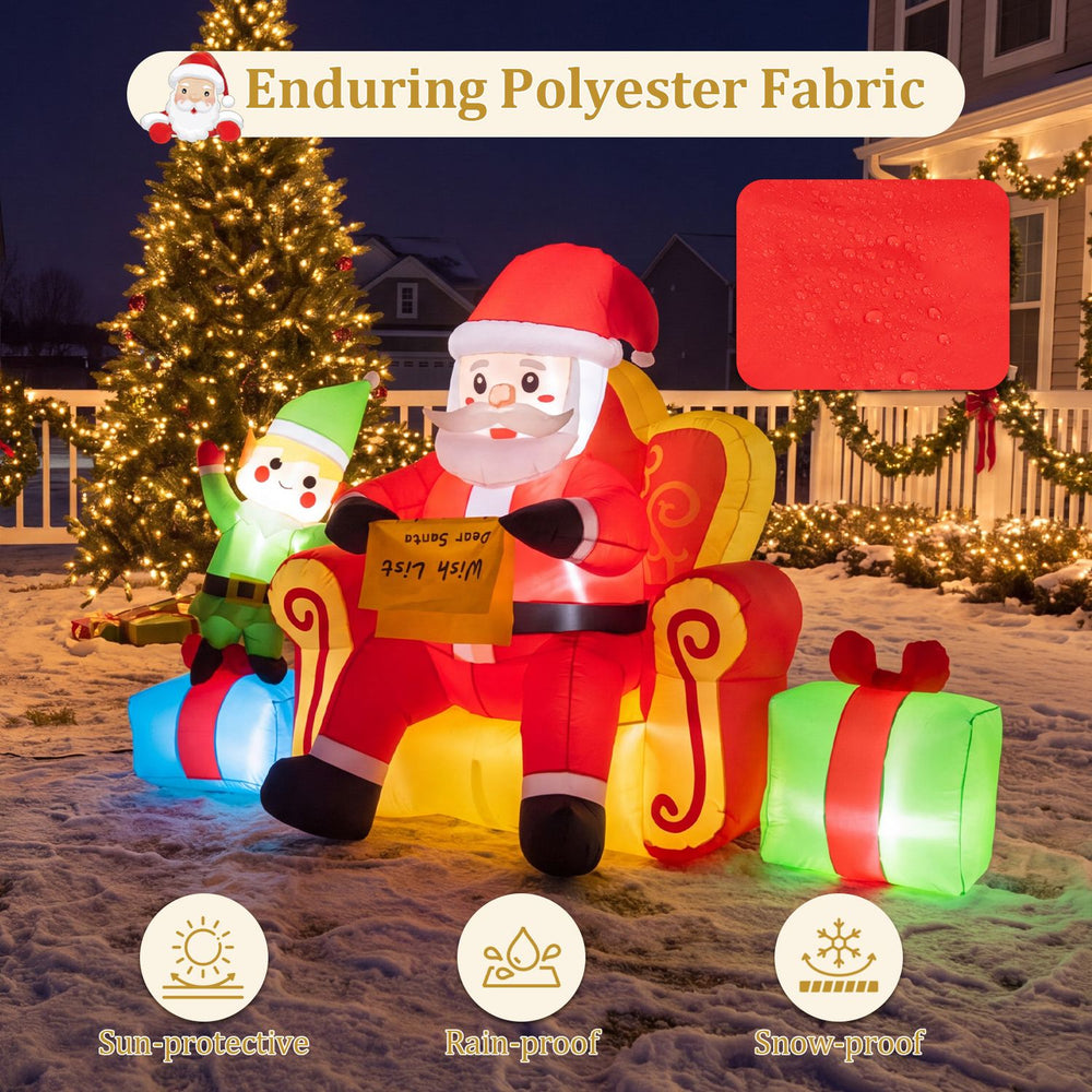 Christmas inflatable Santa Claus on a sofa with an elf and gift boxes, made of sun-proof, rain-proof, and snow-proof polyester.
