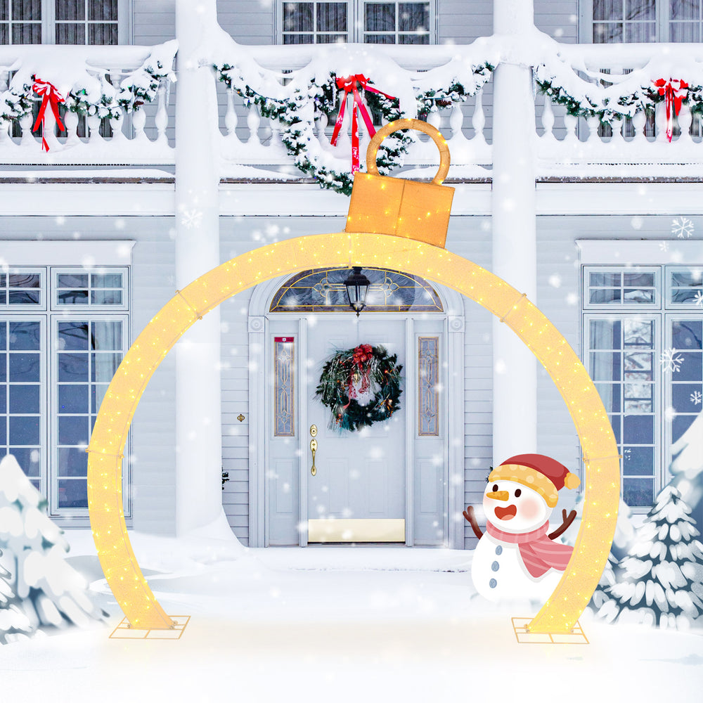 10.5 feet Christmas pre-lit arch with gold ornament cap and 300 warm white LED lights, perfect for festive outdoor.