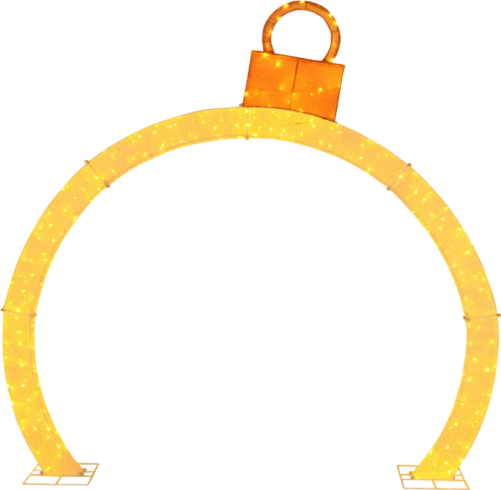 10.5 feet Christmas pre-lit arch with gold ornament cap and 300 warm white LED lights for festive outdoor decoration.