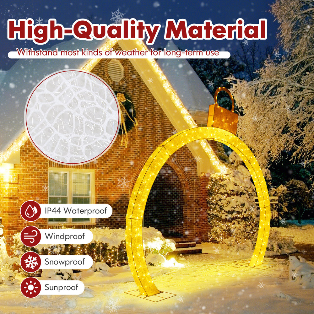 10.5 feet Christmas pre-lit arch with gold ornament cap and 300 warm white LED lights, weatherproof for outdoor use.