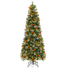 Pre-lit 9 FT artificial Christmas tree with red berries and pine cones, featuring warm-white LED lights for festive.