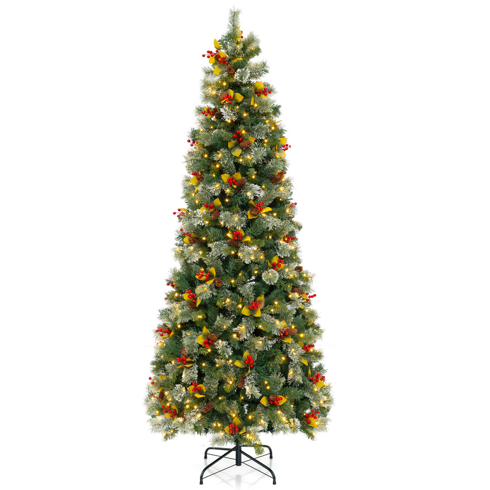 Pre-lit 9 FT artificial Christmas tree with red berries and pine cones, featuring warm-white LED lights for festive.