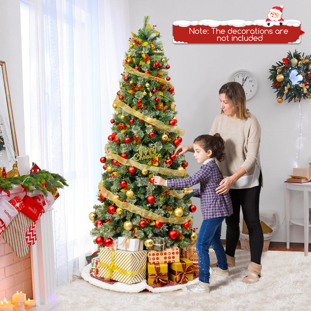 Pre-lit 9 FT artificial Christmas tree with PVC and pine needles, featuring warm-white LED lights for festive decor.