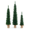 Set of 3 pre-lit artificial Christmas trees with green branch tips, featuring cement bases for stability and warm white.