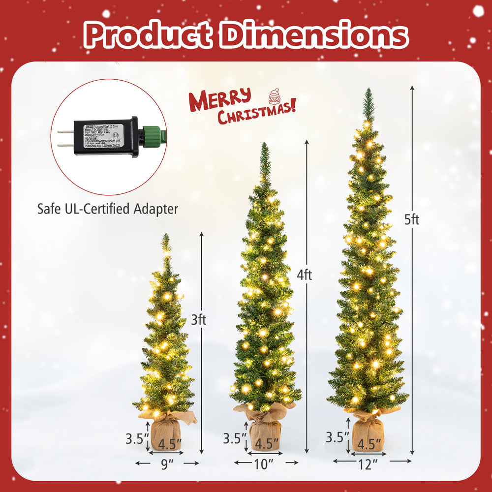 Set of 3 pre-lit artificial Christmas trees in varying heights with warm white LED lights for festive decoration.