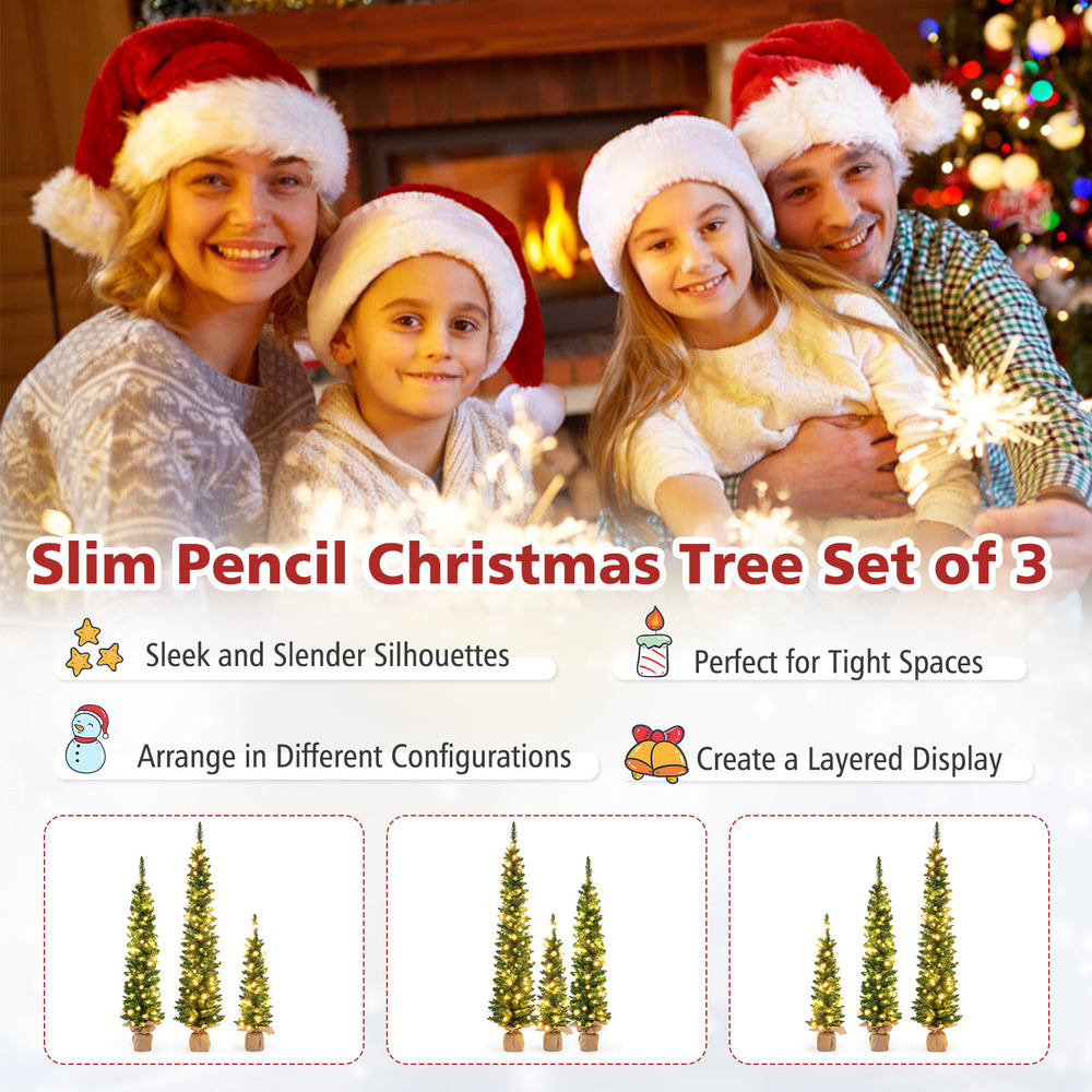 Set of 3 pre-lit artificial Christmas trees with green branch tips, perfect for tight spaces and festive decor.