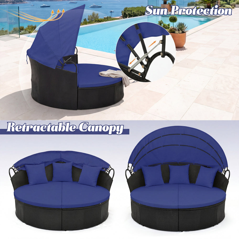 Side view of the Clamshell patio round daybed with retractable blue canopy, showcasing its spacious seating for outdoor.