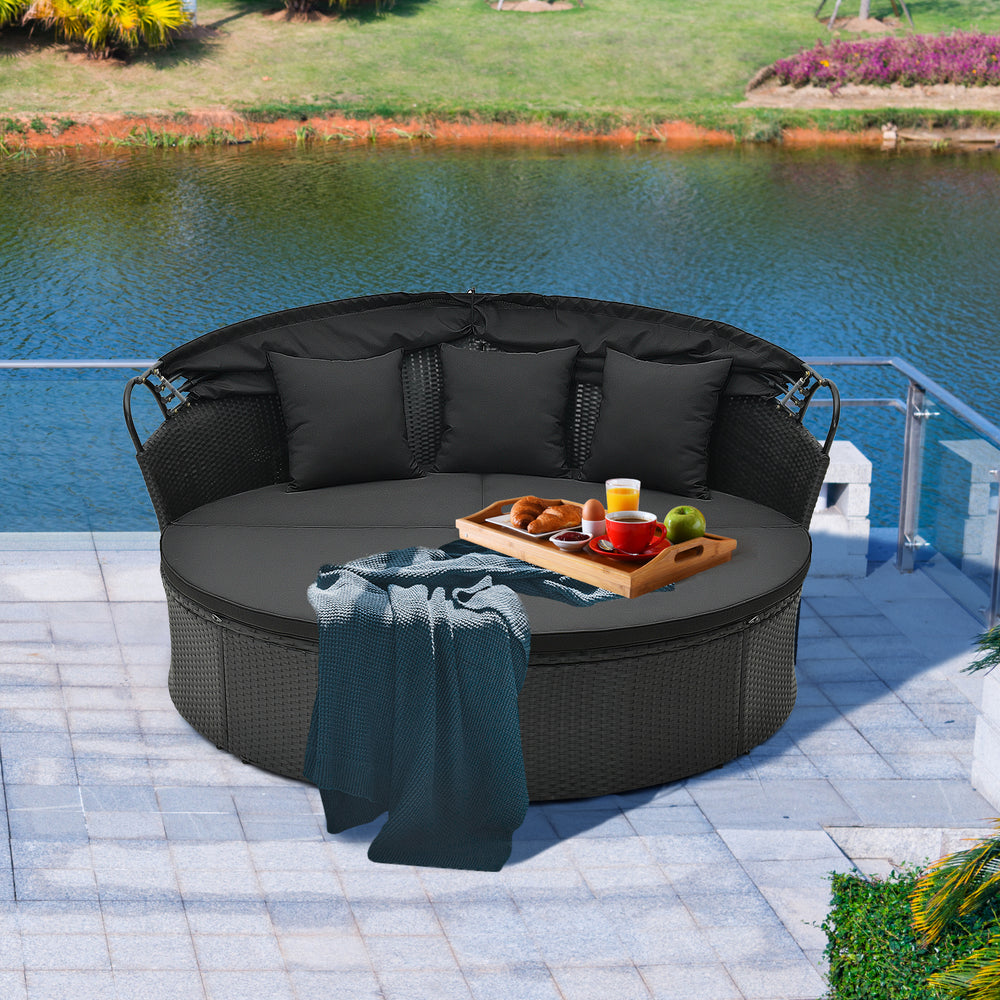 Clamshell Patio Round Daybed Wicker with Retractable Canopy and Pillows-Black - Gallery View 1 of 9