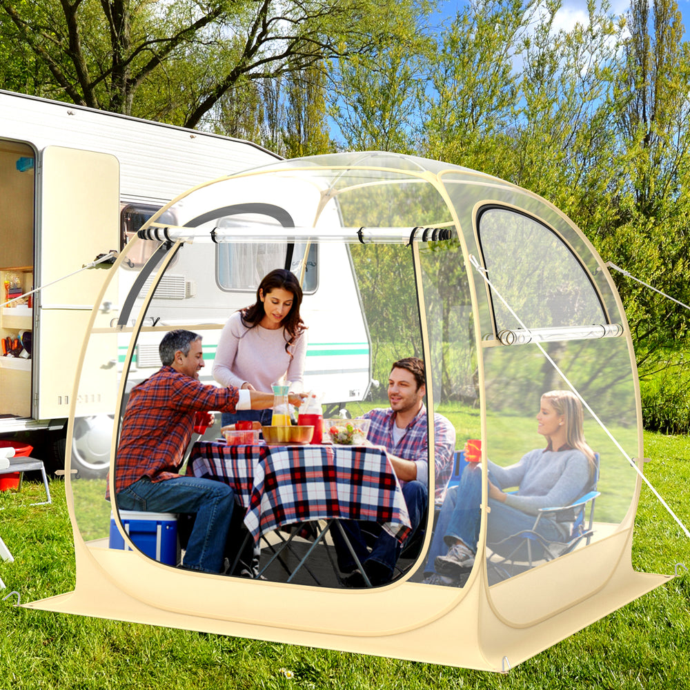 Transparent pop-up sports tent for 1-2 people, featuring a waterproof floor mat, ideal for camping and outdoor.
