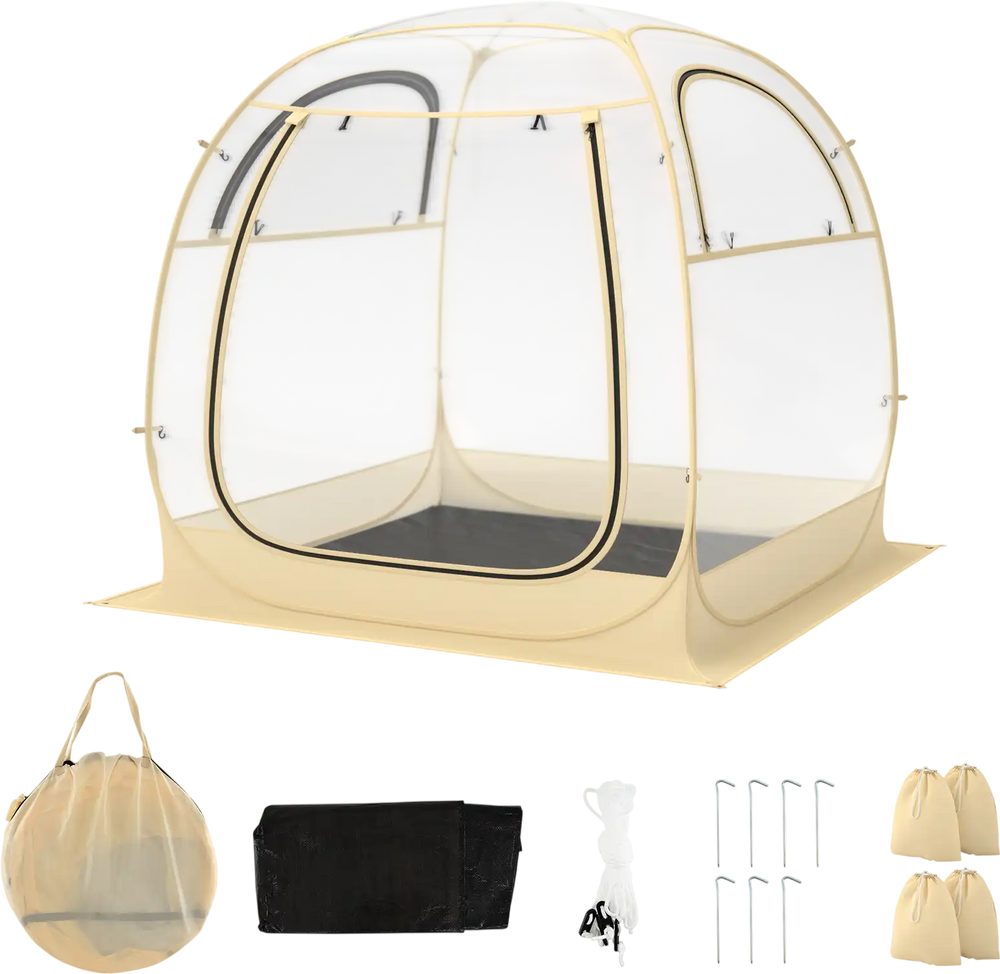 Instant pop-up sports tent with transparent PVC, carrying bag, and waterproof floor mat for outdoor activities.