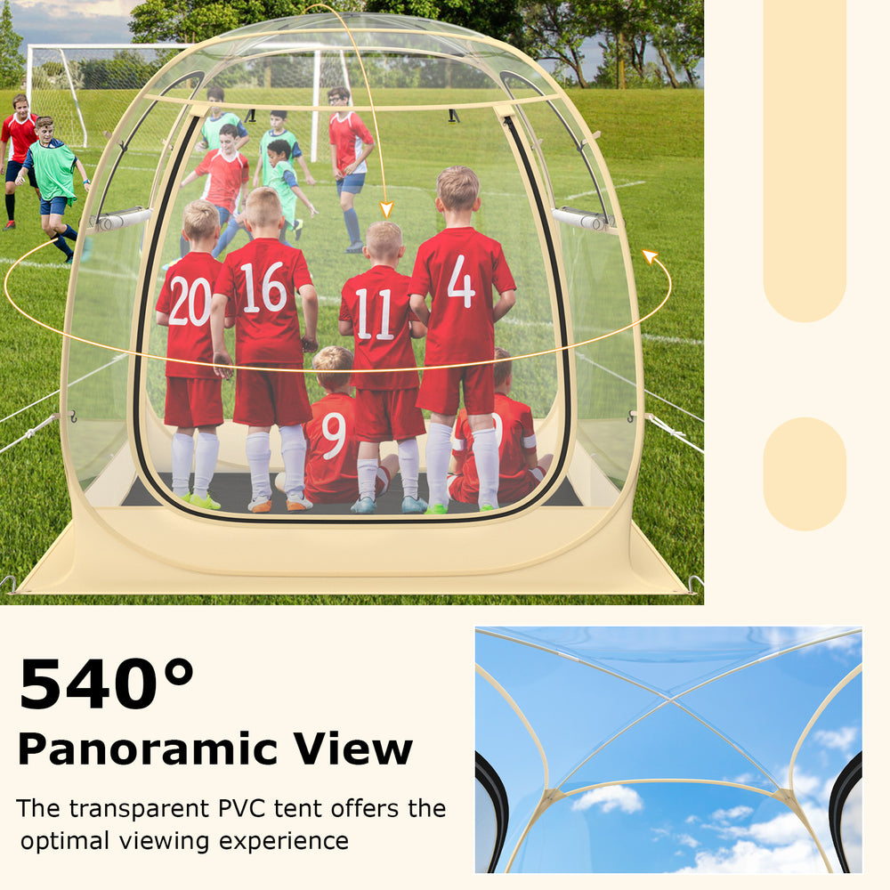 Transparent PVC sports tent with panoramic view, ideal for outdoor activities, featuring a waterproof floor mat and.