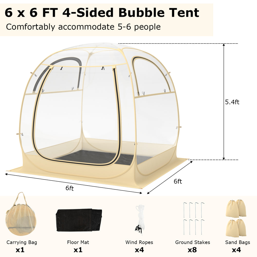 4-sided transparent bubble tent, 6x6 ft, with carrying bag and floor mat, ideal for outdoor activities and events.