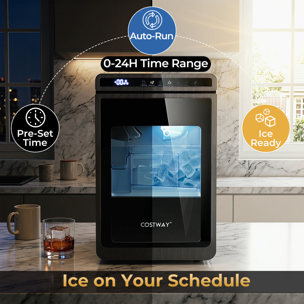 Clear ice cube maker producing 1.6-inch cubes with a 0-24 hour timer, perfect for chilling drinks without dilution.