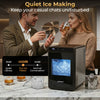 Clear ice cube maker producing 1.6-inch cubes quietly at ≤42 dB, ideal for premium drinks and casual gatherings.