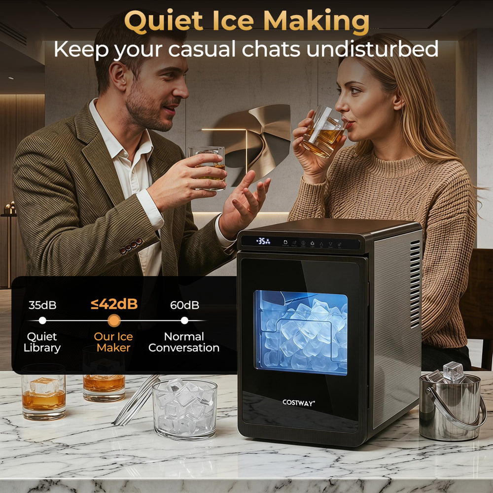 Clear ice cube maker producing 1.6-inch cubes quietly at ≤42 dB, ideal for premium drinks and casual gatherings.