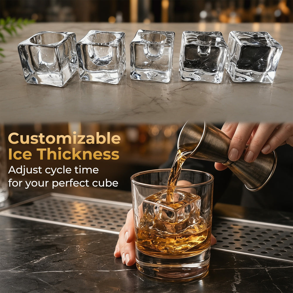 Clear ice cube maker producing 1.6-inch cubes with customizable thickness for premium drinks and fast chilling.