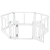 Transparent 6-panel dog playpen with secure locking door, designed for small to medium dogs, suitable for indoor and outdoor use.