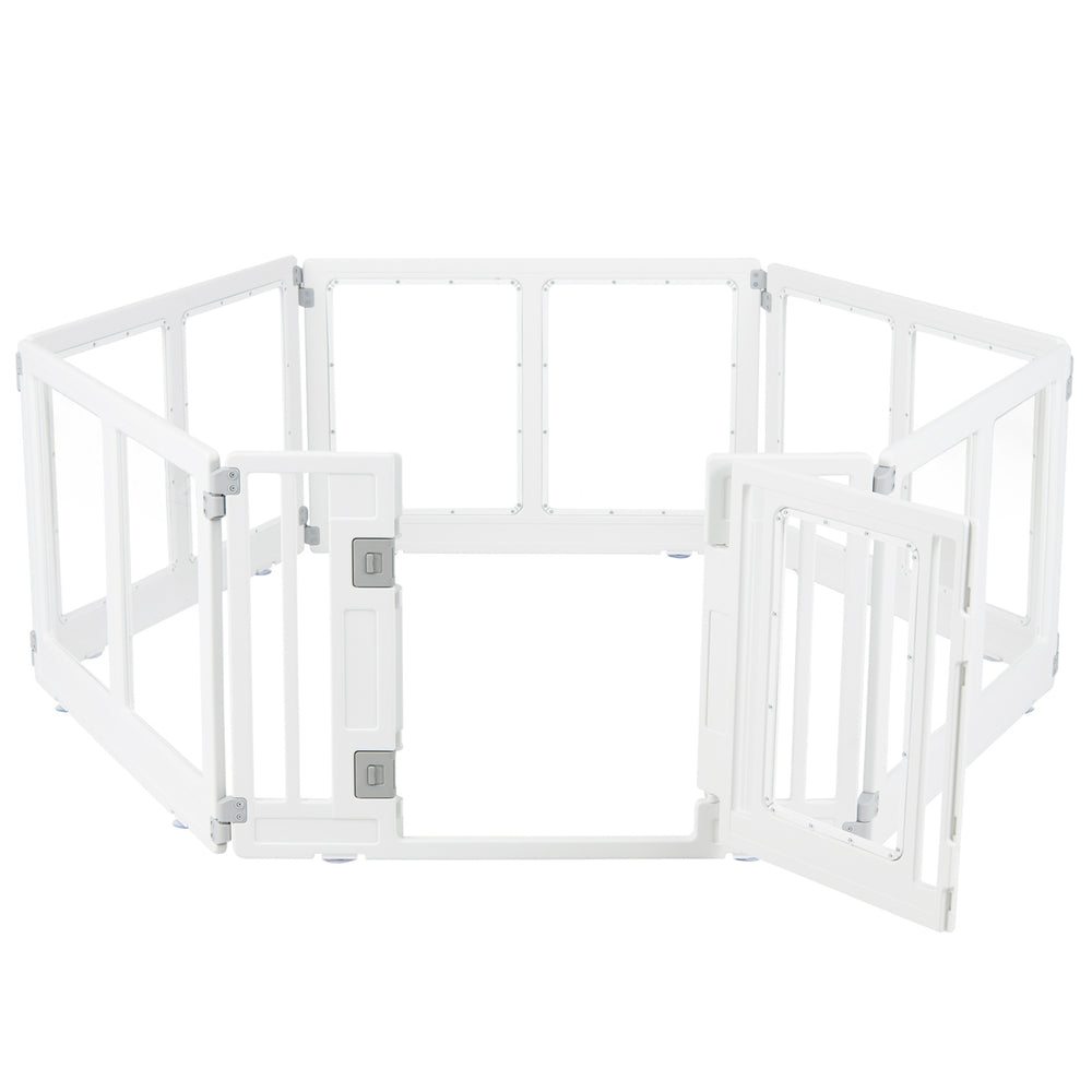 Transparent 6-panel dog playpen with secure locking door, designed for small to medium dogs, suitable for indoor and outdoor use.