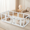 Clear plastic dog playpen with six panels and secure locking door, ideal for small to medium dogs indoors or outdoors.