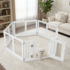Clear plastic dog playpen with 6 panels and secure locking door, ideal for small to medium dogs indoors or outdoors.