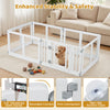 Clear plastic dog playpen with secure locking door, featuring a thickened HDPE frame and non-slip suction cups for stability.