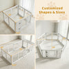 Clear plastic dog playpen with six panels, customizable shapes, and secure locking door for small to medium dogs.