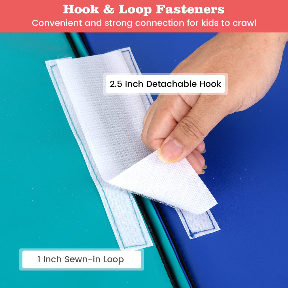 Detachable 2.5 inch hook and 1 inch sewn-in loop of the Climb and Crawl Foam Block Play Set for infant play.