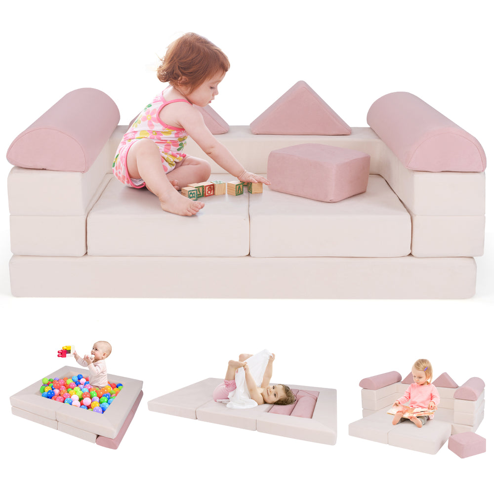9-piece pink foam playset with breathable suede fabric, configured as a kids couch for creative play and comfort.