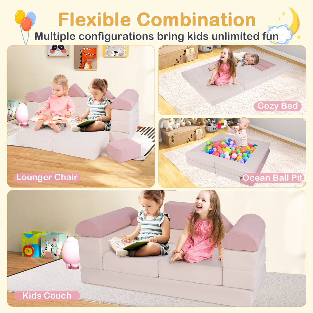 9-piece foam playset in pink, featuring a kids couch, lounger chair, and cozy bed for versatile play and comfort.