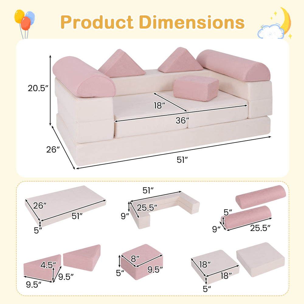 Dimensions of the 9-piece foam playset in pink, showcasing versatile configurations for kids' fun and comfort.