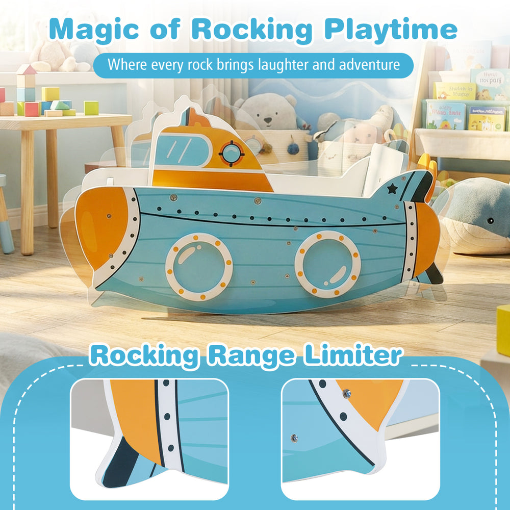 Submarine wooden climbing toy with rotating propeller, designed for safe rocking playtime and enhanced balance for kids.