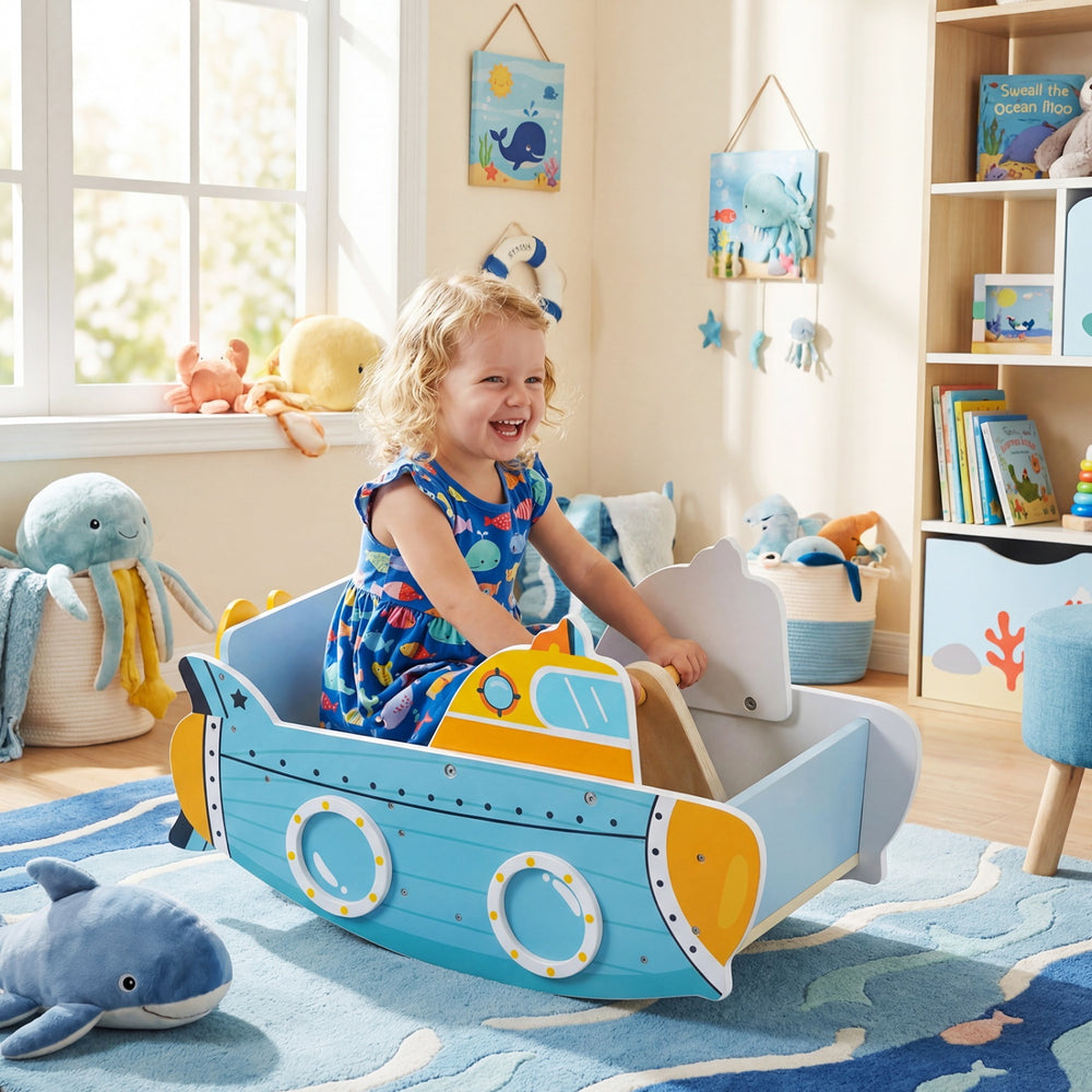 Colorful submarine wooden climbing toy with rotating propeller, designed for safe and fun indoor play for kids.