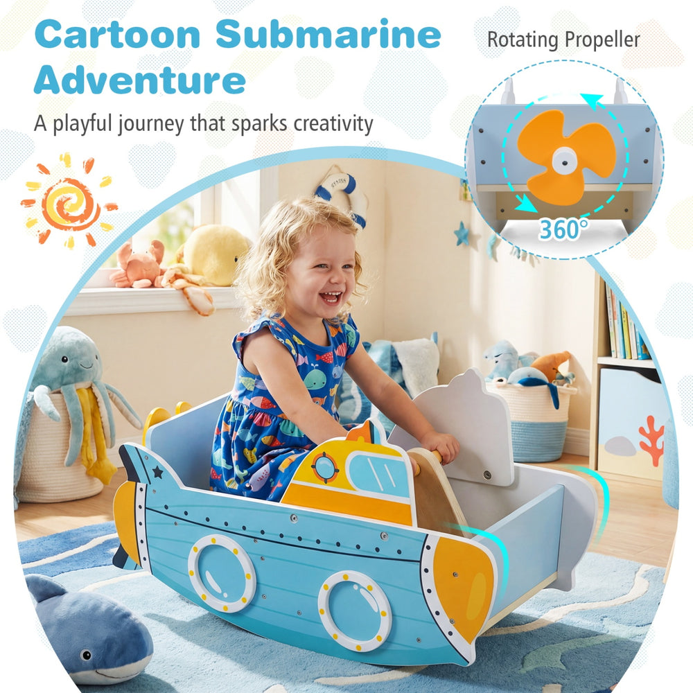 Submarine wooden climbing toy featuring a rotating propeller, supportive backrest, and side handrails for safe play.