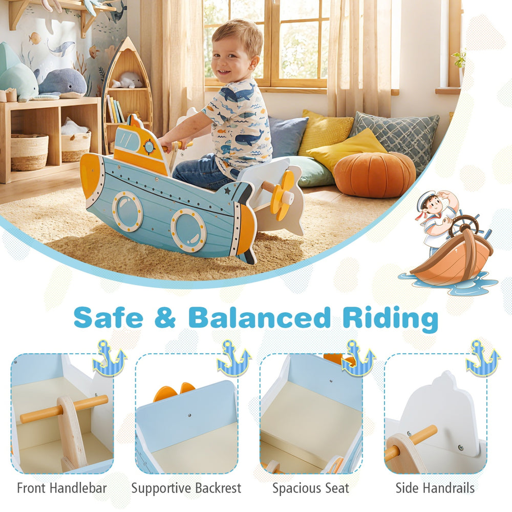 Submarine wooden climbing toy with rotating propeller, supportive backrest, and side handrails for safe riding.