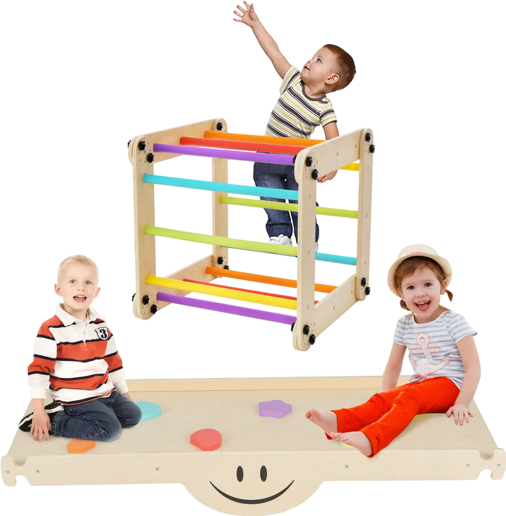 Children playing on a Climbing Triangle Ladder Toy with a reversible ramp, promoting balance and creativity indoors.