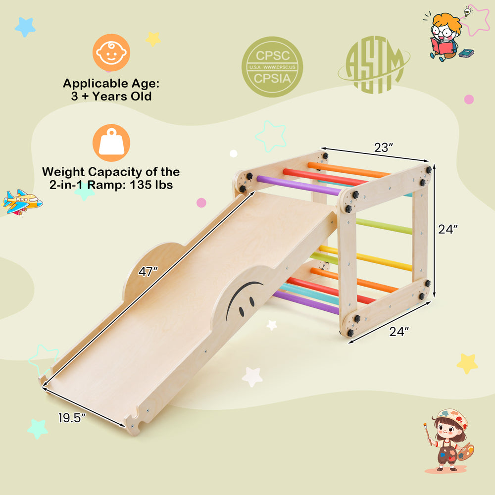 Climbing triangle ladder toy with multicolor reversible ramp, adjustable height, and 135 lbs capacity for indoor play.