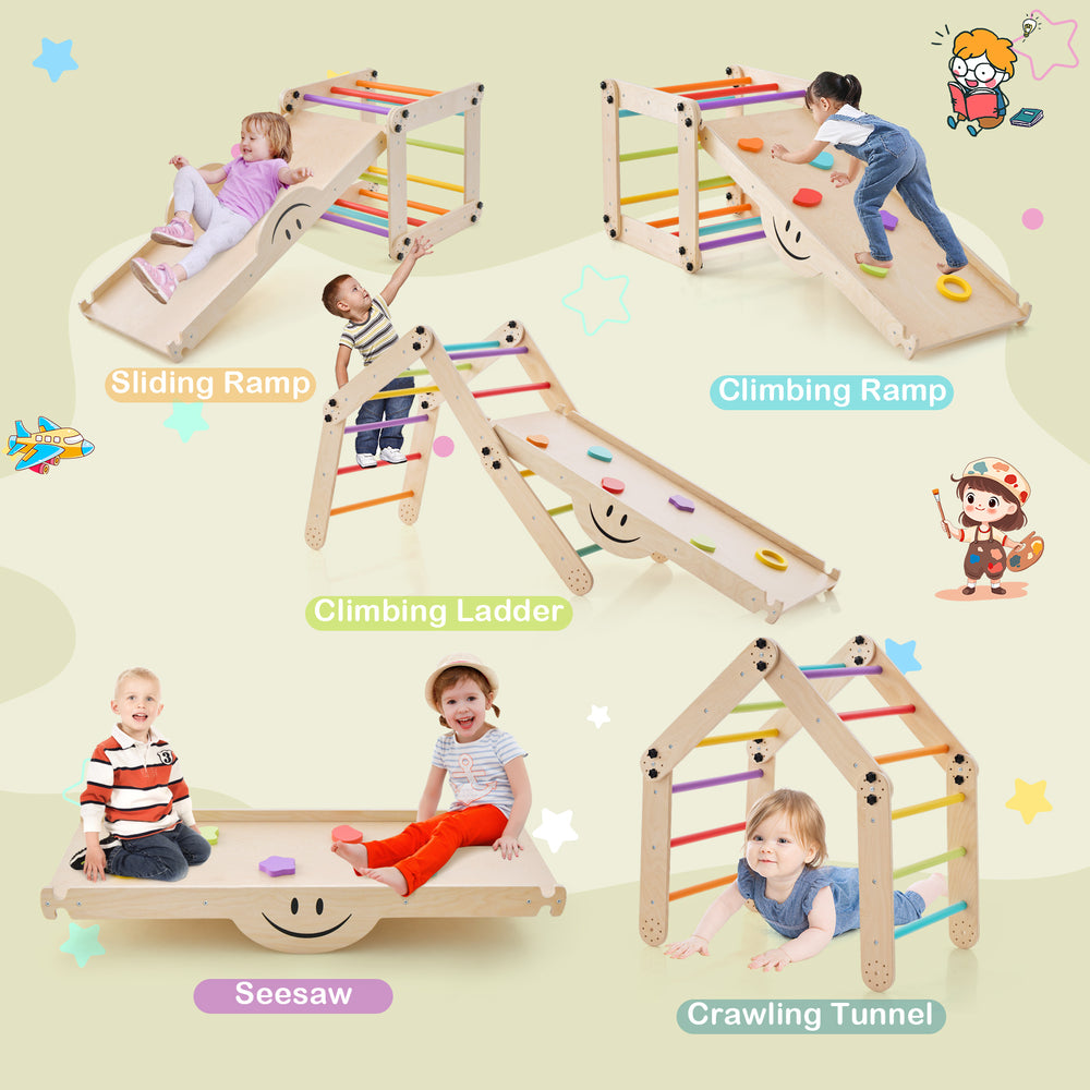 Climbing triangle ladder toy with reversible ramp, colorful rock embellishments, and adjustable height for indoor play.