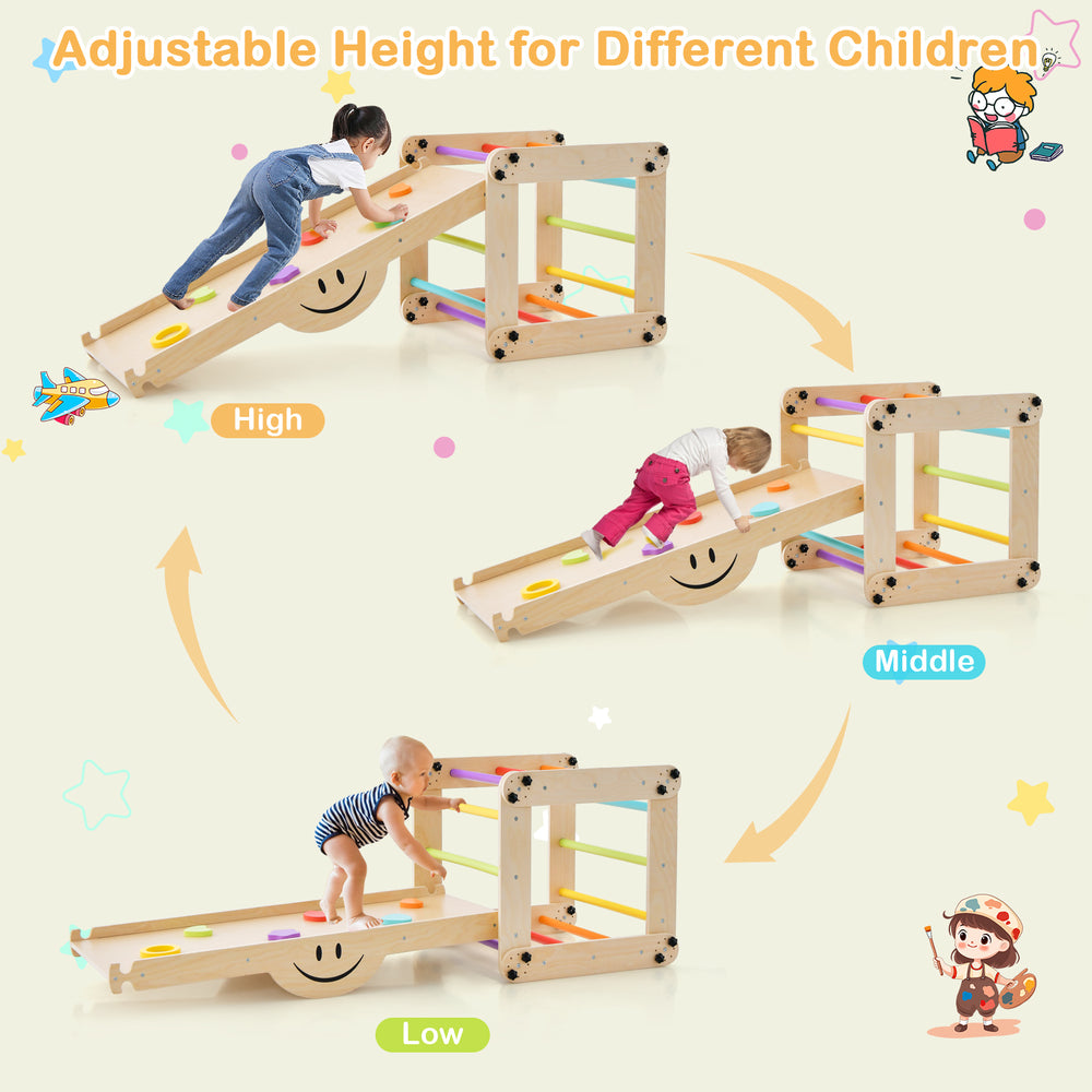 Climbing triangle ladder toy with adjustable height, reversible ramp, and colorful rock embellishments for indoor play.