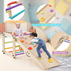Climbing triangle ladder toy with multicolor rocks and natural wood bars, perfect for indoor play and muscle training.