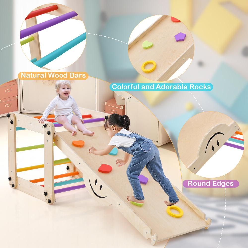 Climbing triangle ladder toy with multicolor rocks and natural wood bars, perfect for indoor play and muscle training.