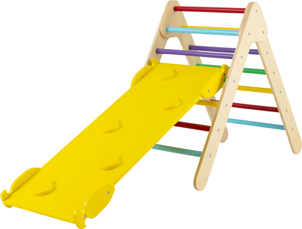Colorful 3-in-1 wooden climbing triangle set with adjustable ramp for kids' muscle training and balance improvement.
