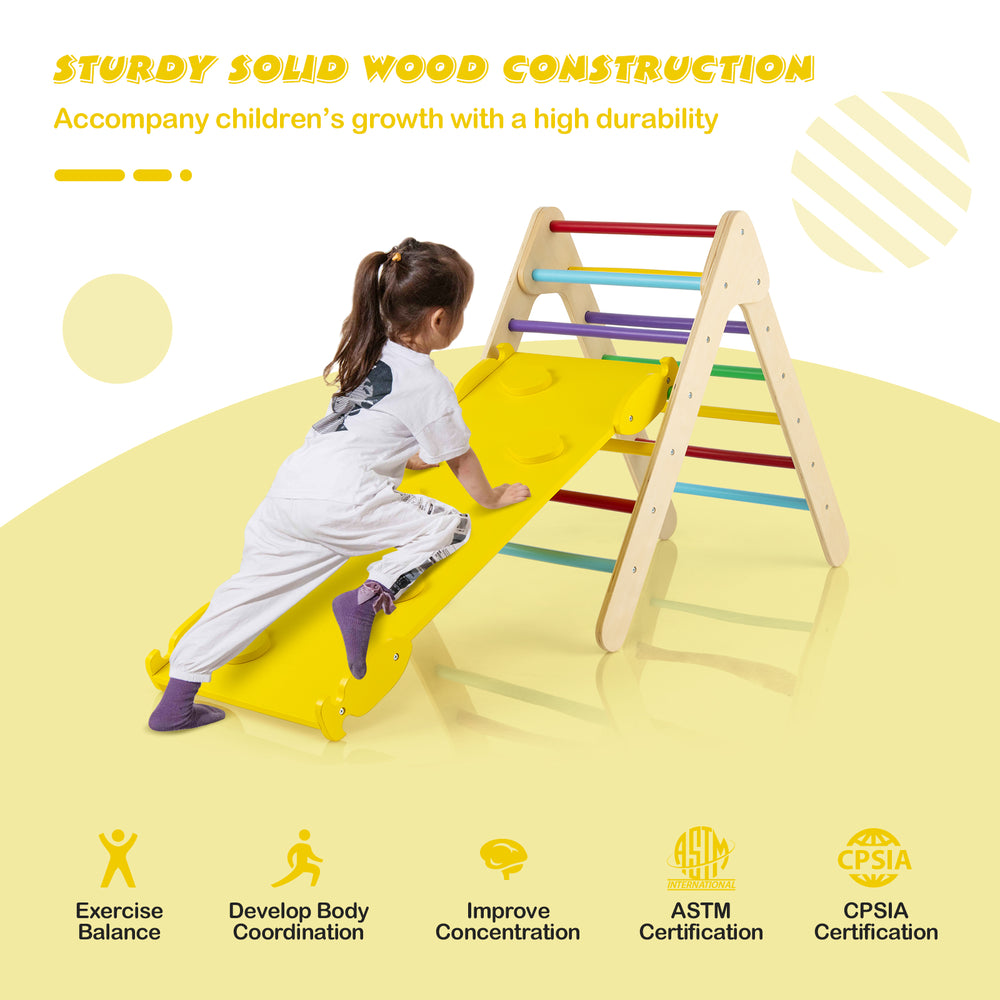 3-in-1 wooden climbing triangle set with adjustable ramp, featuring multicolor design for children's play and muscle.