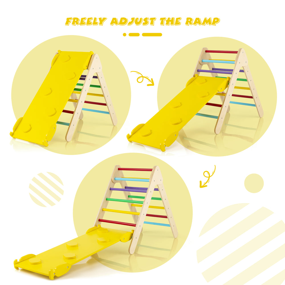 Adjustable yellow ramp for 3-in-1 wooden climbing triangle set, featuring a climbing side and slide for children's play.