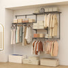 Wall-mounted gray closet system showcasing 7 shelves and 5 hanging rods, ideal for versatile storage solutions.